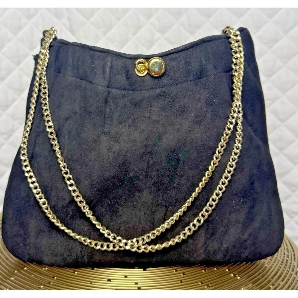 Retro Rock Star Glam Rare Vintage Ande Black Suede Evening Bag Double Chain